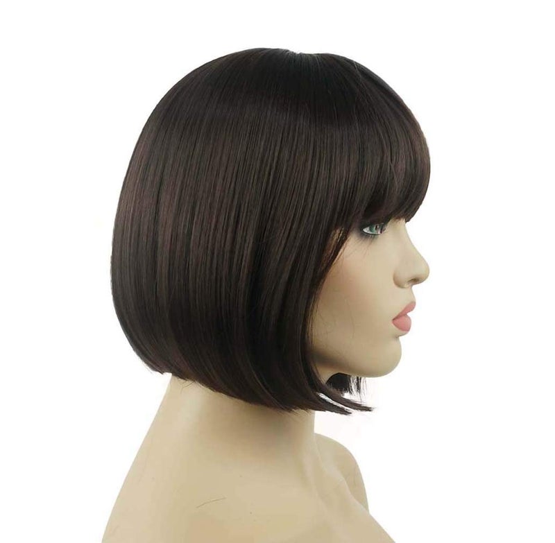 Lydell 8" Straight Short Bob Hair Flat Bangs Cute Central Dot Skin Top Heat Resistant Synthetic Wigs (6 Chestnut Brown) - Image 4